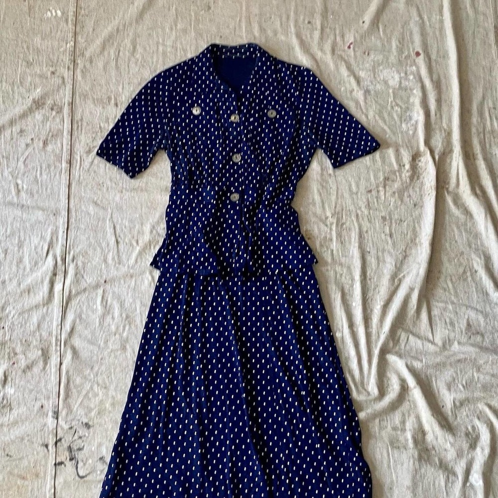 Vintage 40s navy and white polka dot rayon 1940s blouse and skirt set